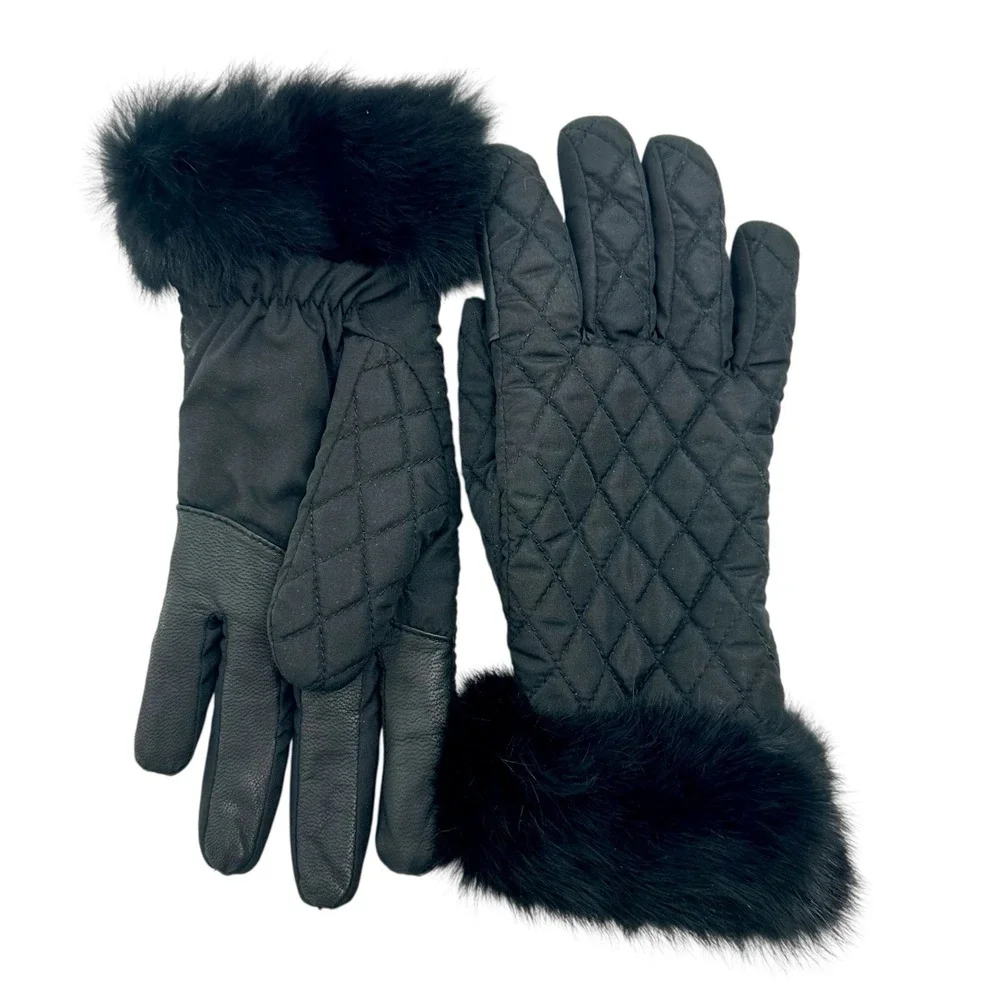 Preston & York Black Quilted Gloves‎ Fur Trim Cuffs Sz M Fleece Lined Insulated